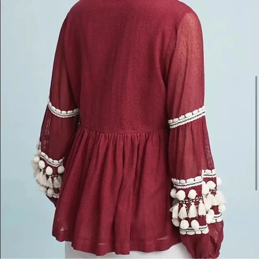 Anthropologie Burgundy Peasant Blouse with White Tassels